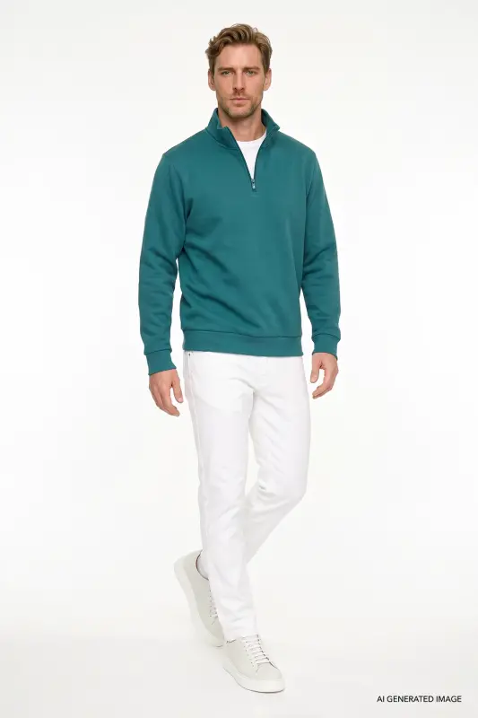 Erkek Koyu Yeşil Standart Fit Normal Kesim İçi Polarlı Bato Yaka Pamuklu Sweatshirt - Koyu Yeşil - 3