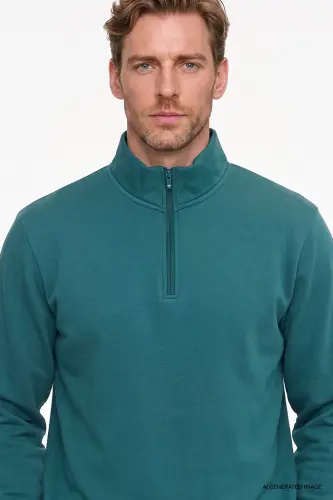Erkek Koyu Yeşil Standart Fit Normal Kesim İçi Polarlı Bato Yaka Pamuklu Sweatshirt - Koyu Yeşil - 5