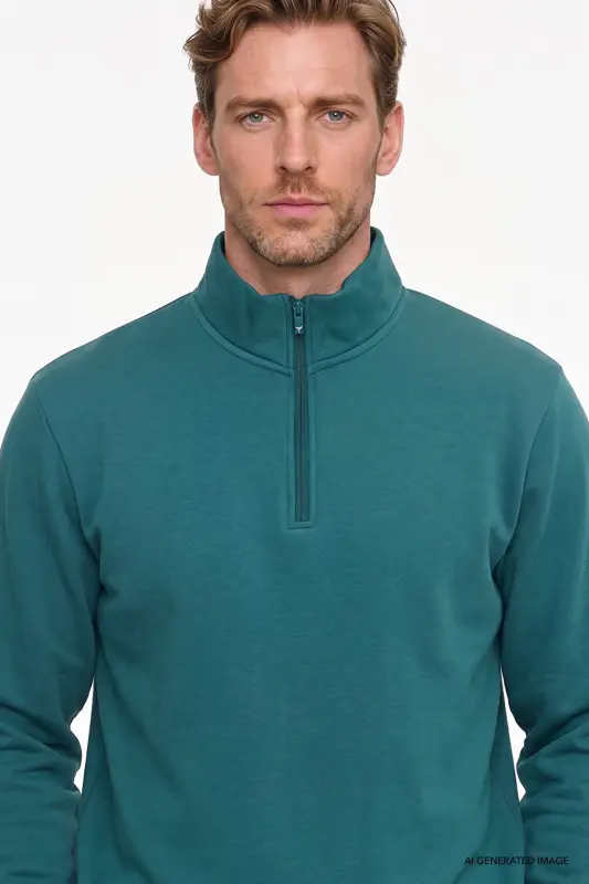 Erkek Koyu Yeşil Standart Fit Normal Kesim İçi Polarlı Bato Yaka Pamuklu Sweatshirt - Koyu Yeşil - 5