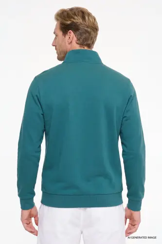 Erkek Koyu Yeşil Standart Fit Normal Kesim İçi Polarlı Bato Yaka Pamuklu Sweatshirt - Koyu Yeşil - 6