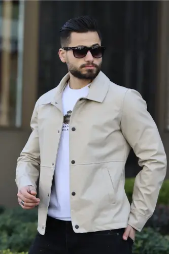 Erkek Krem Deri Ceket-Krem - 1