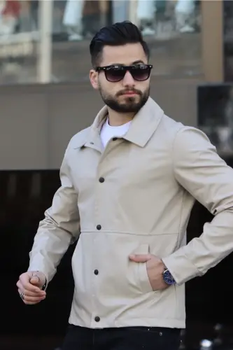 Erkek Krem Deri Ceket-Krem - 3