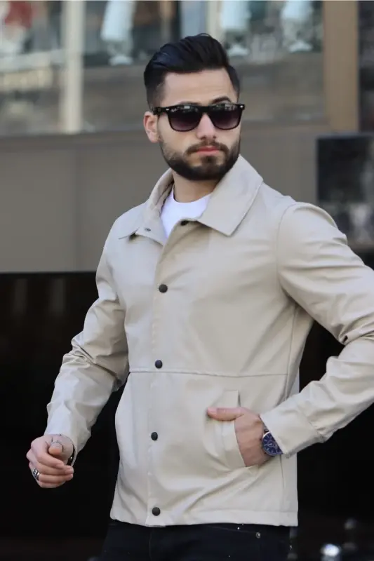 Erkek Krem Deri Ceket-Krem - 3