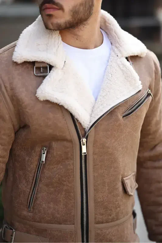 Erkek Krem Napa Deri Çapraz Model Mont-Krem - 4