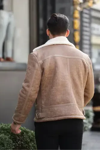 Erkek Krem Napa Deri Çapraz Model Mont-Krem - 5