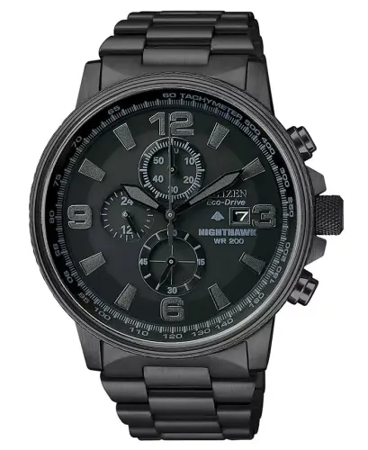 Men's Chronograph Eco-Drive Nighthawk Black Ion Plated Stainless Steel Bracelet Watch 43mm CA0295-58E - No Color - 1