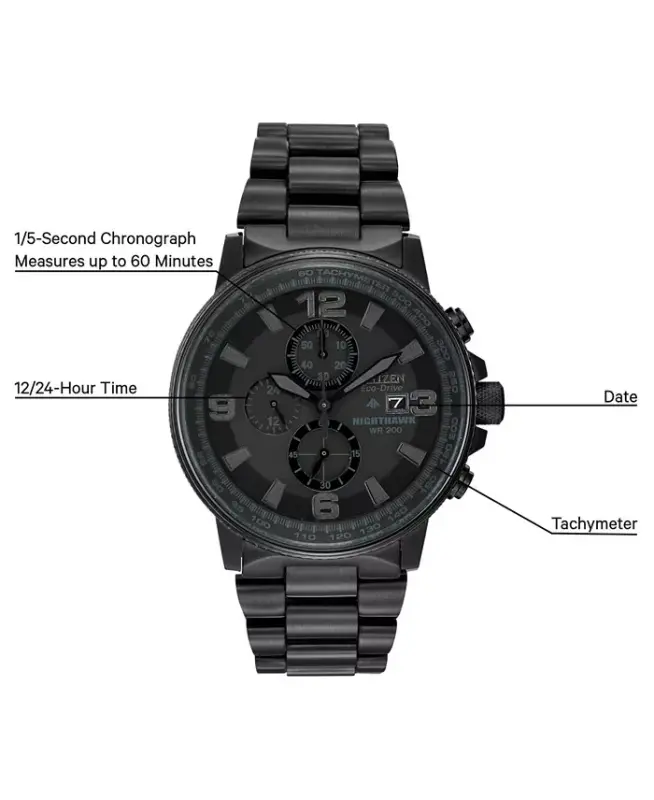 Men's Chronograph Eco-Drive Nighthawk Black Ion Plated Stainless Steel Bracelet Watch 43mm CA0295-58E - No Color - 2