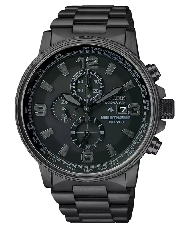 Erkek Kronograf Eco-Drive Nighthawk Siyah İyon Kaplama Paslanmaz Çelik Bilezik Kol Saati 43mm CA0295-58E - 1