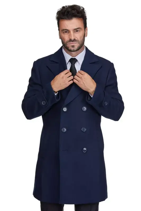 Men's Double Breasted Pea Coat Wool Blend Dress Peacoat - BRAVEMAN
