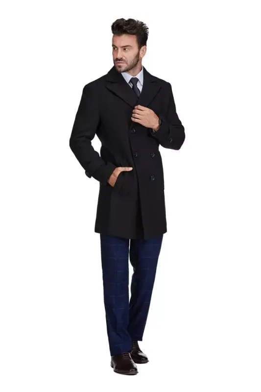 Men's Double Breasted Pea Coat Wool Blend Dress Peacoat-Black - 2