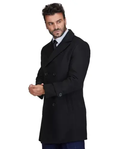 Men's Double Breasted Pea Coat Wool Blend Dress Peacoat-Black - 3