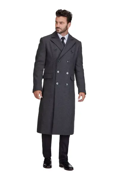 Men's Double-Breasted Knee Length Wool Blend Three Button Long Overcoat Top Coat-Charcoal - 1