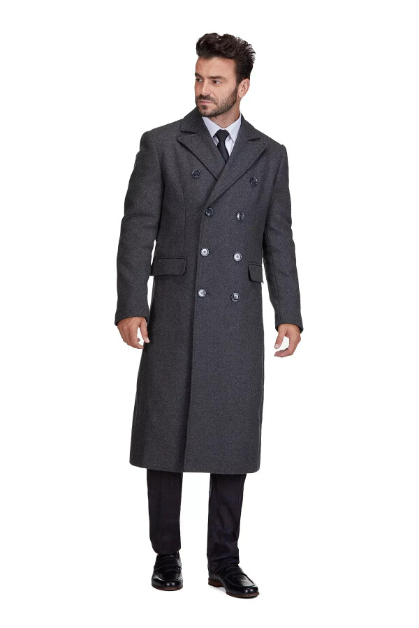 Men's Double-Breasted Knee Length Wool Blend Three Button Long Overcoat Top Coat - Charcoal - BRAVEMAN