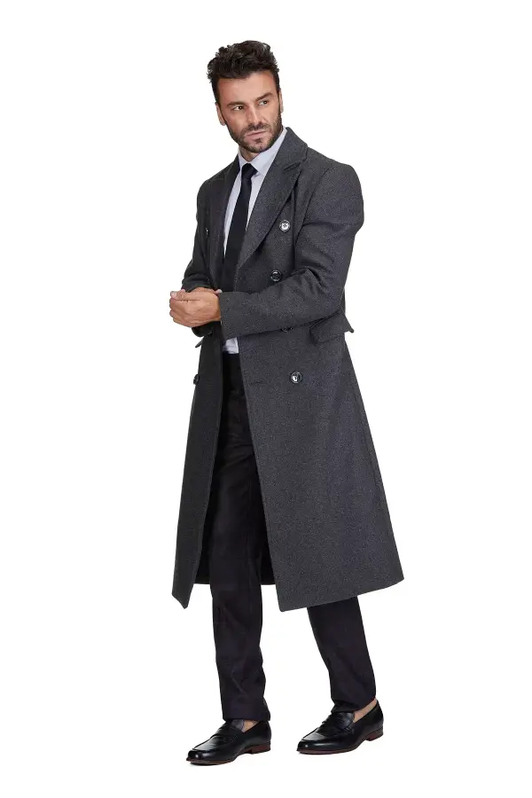 Men's Double-Breasted Knee Length Wool Blend Three Button Long Overcoat Top Coat-Charcoal - 2