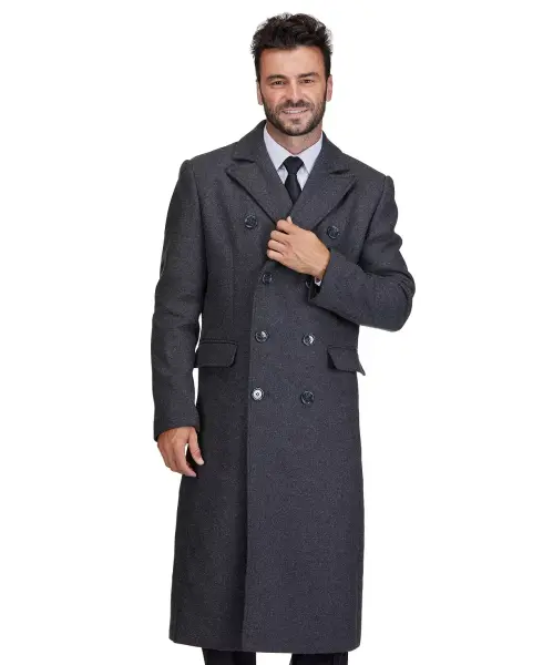 Men's Double-Breasted Knee Length Wool Blend Three Button Long Overcoat Top Coat-Charcoal - 3