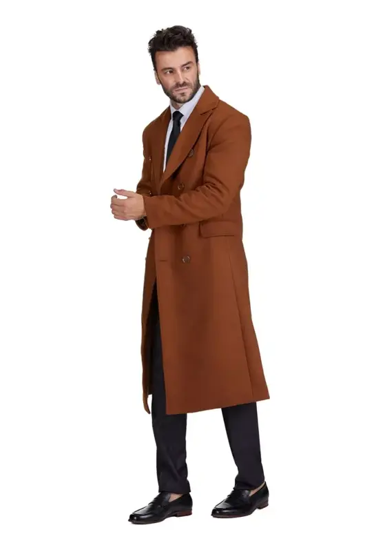 Men's Double-Breasted Knee Length Wool Blend Three Button Long Overcoat Top Coat - Caramel - 2