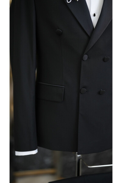 Erkek Kruvaze Smokin Damatlık Kırlangıç Yaka İtalyan Kesim Slim Fit Ceket Pantolon Papyon-Siyah - 5