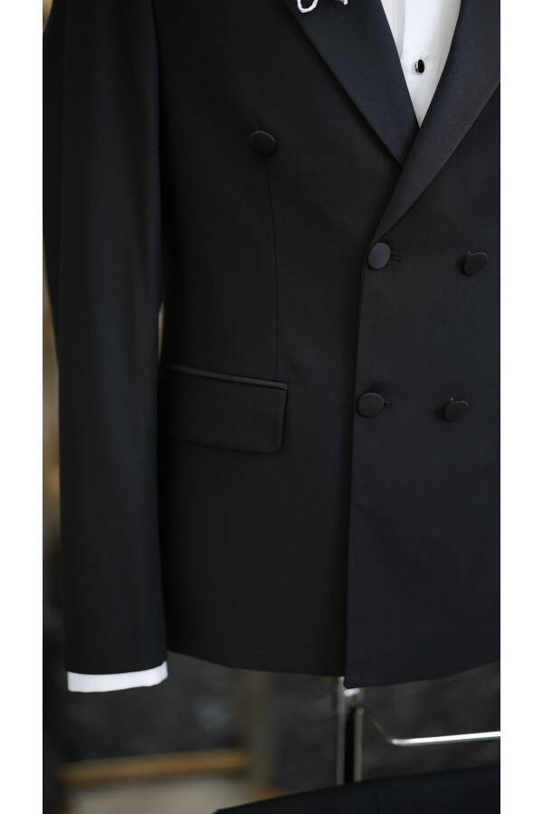 Erkek Kruvaze Smokin Damatlık Kırlangıç Yaka İtalyan Kesim Slim Fit Ceket Pantolon Papyon-Siyah - 5