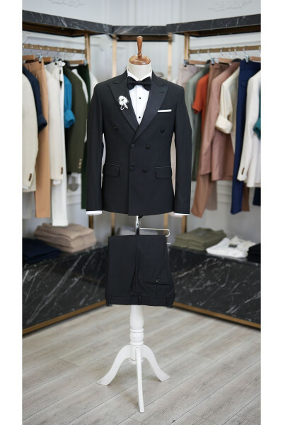 Erkek Kruvaze Smokin Damatlık Kırlangıç Yaka İtalyan Kesim Slim Fit Ceket Pantolon Papyon-Siyah - 7