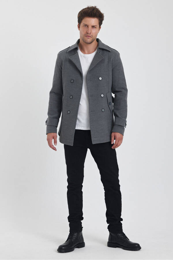 Erkek Grı Kruvaze Yaka Dar Kalıp Kaşe Kaban-GRİ - 8