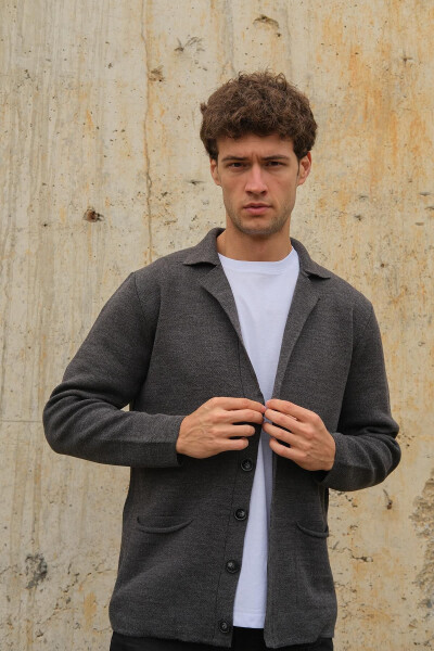 Erkek Kruvaze Yaka Düğmeli Cepli Triko Hırka Antrasit 23w220-Antrasit - 4