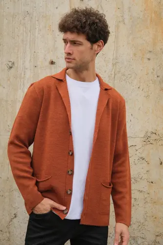 Erkek Kruvaze Yaka Düğmeli Cepli Triko Hırka Tarçın 23w220-Tarçın - 1