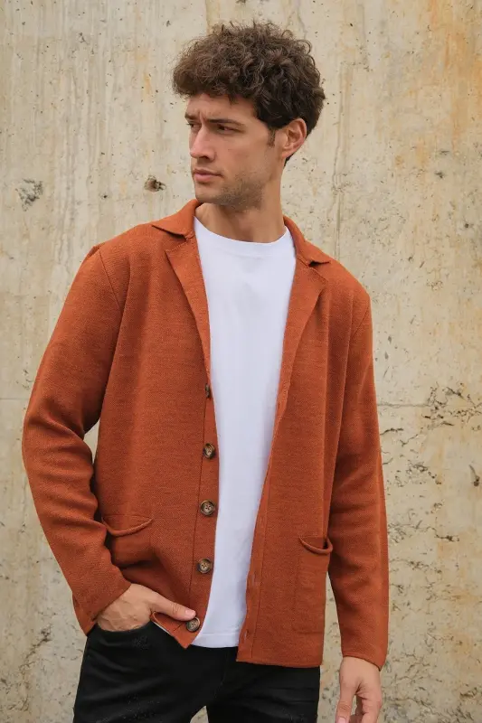 Erkek Kruvaze Yaka Düğmeli Cepli Triko Hırka Tarçın 23w220-Tarçın - CHUBA