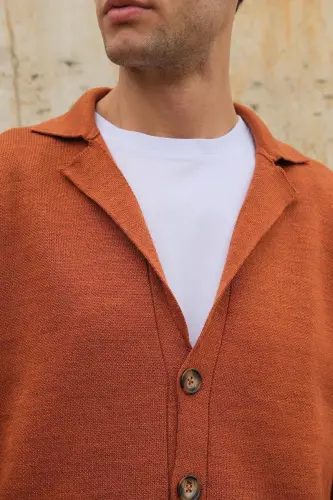 Erkek Kruvaze Yaka Düğmeli Cepli Triko Hırka Tarçın 23w220-Tarçın - 6
