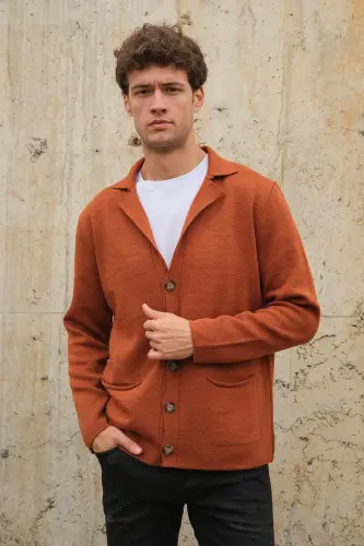 Erkek Kruvaze Yaka Düğmeli Cepli Triko Hırka Tarçın 23w220-Tarçın - CHUBA (1)