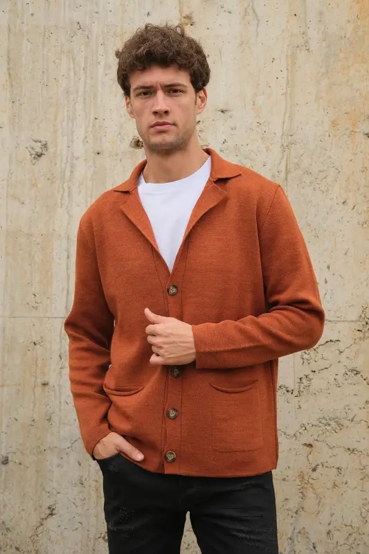 Erkek Kruvaze Yaka Düğmeli Cepli Triko Hırka Tarçın 23w220-Tarçın - 2