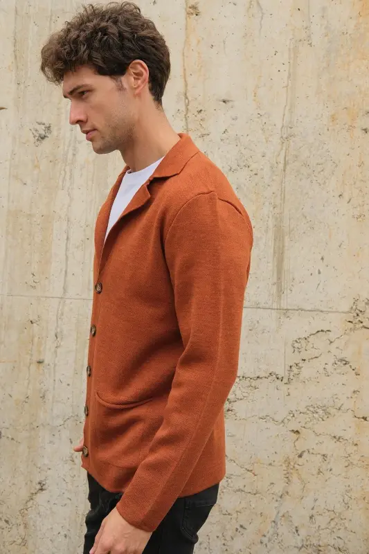 Erkek Kruvaze Yaka Düğmeli Cepli Triko Hırka Tarçın 23w220-Tarçın - 3