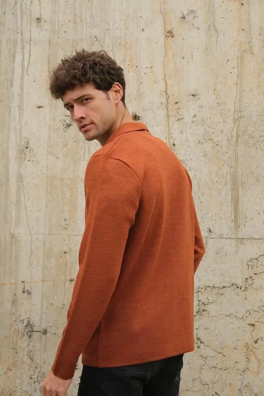 Erkek Kruvaze Yaka Düğmeli Cepli Triko Hırka Tarçın 23w220-Tarçın - 4