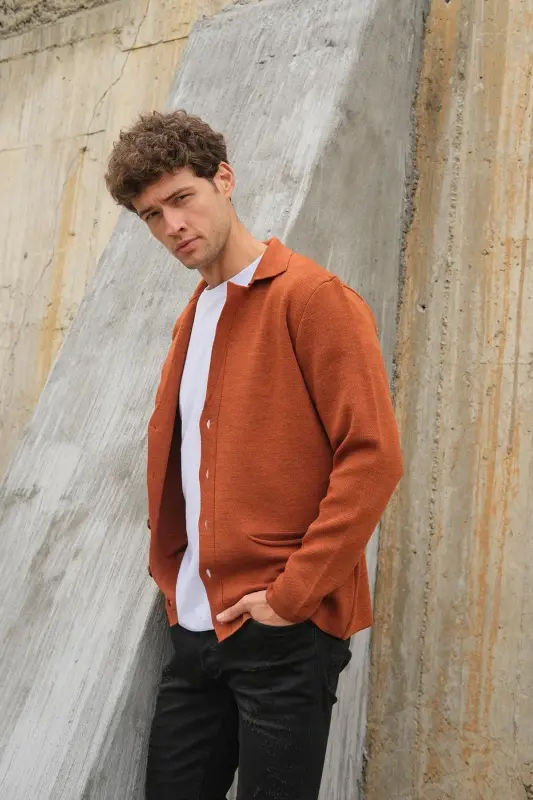 Erkek Kruvaze Yaka Düğmeli Cepli Triko Hırka Tarçın 23w220-Tarçın - 5