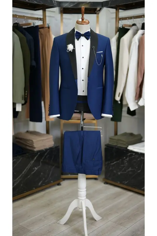Erkek Kuşaklı Saks Mavi Smokin Damatlık Saten Şal Yaka Italyan Kesim Slim Fit -xprzcom3590-22-SAKS MAVİ - 3