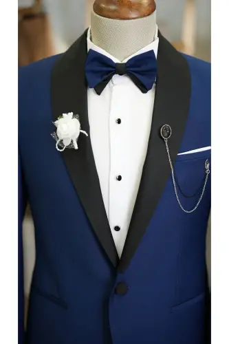 Erkek Kuşaklı Saks Mavi Smokin Damatlık Saten Şal Yaka Italyan Kesim Slim Fit -xprzcom3590-22 - SAKS MAVİ - 3