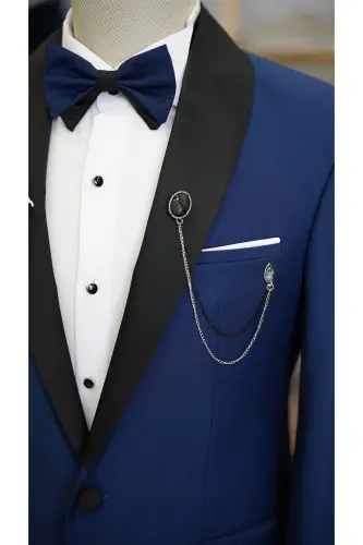 Erkek Kuşaklı Saks Mavi Smokin Damatlık Saten Şal Yaka Italyan Kesim Slim Fit -xprzcom3590-22 - SAKS MAVİ - 5