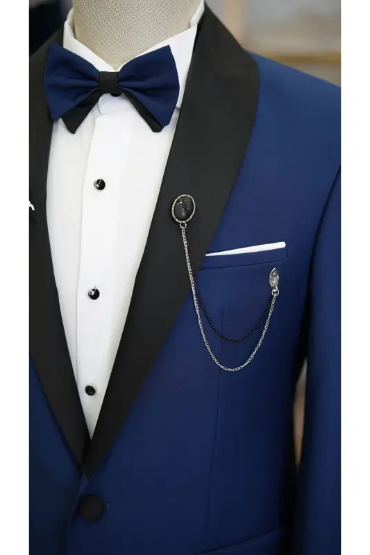 Erkek Kuşaklı Saks Mavi Smokin Damatlık Saten Şal Yaka Italyan Kesim Slim Fit -xprzcom3590-22 - SAKS MAVİ - 5