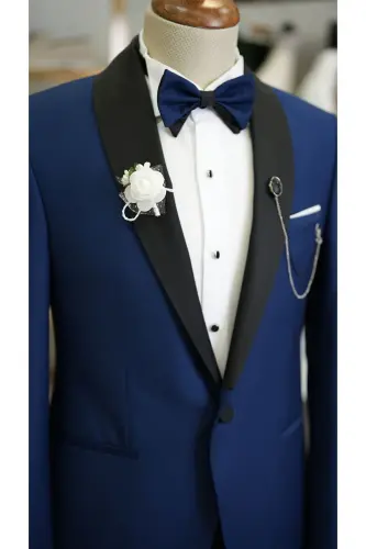 Erkek Kuşaklı Saks Mavi Smokin Damatlık Saten Şal Yaka Italyan Kesim Slim Fit -xprzcom3590-22 - SAKS MAVİ - 7