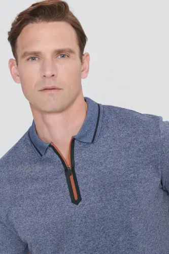 Erkek Lacı Melanj Slim Fit Dar Kesim Fermuarlı Polo Yaka Pamuklu Kısa Kollu Tişört-LACI MELANJ - 4