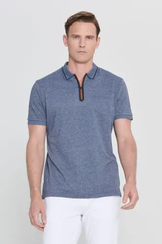 Erkek Lacı Melanj Slim Fit Dar Kesim Fermuarlı Polo Yaka Pamuklu Kısa Kollu Tişört-LACI MELANJ - 1