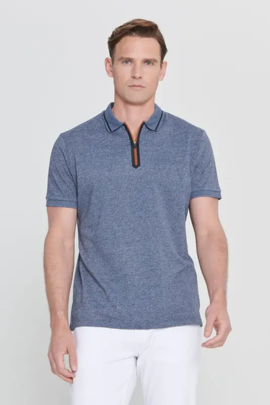 Erkek Lacı Melanj Slim Fit Dar Kesim Fermuarlı Polo Yaka Pamuklu Kısa Kollu Tişört-LACI MELANJ - ALTINYILDIZ CLASSICS