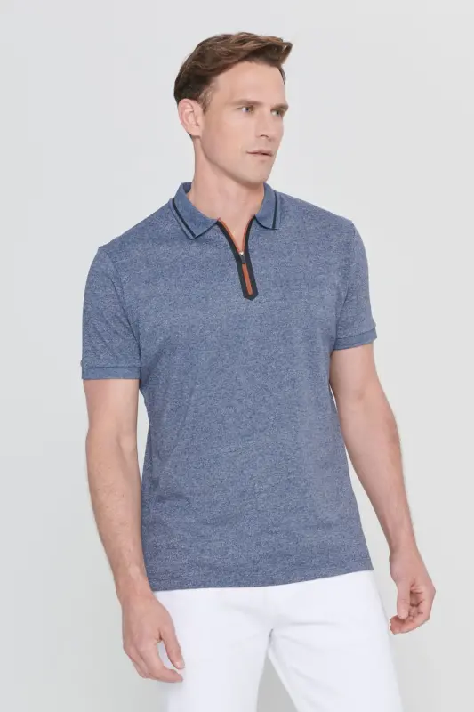 Erkek Lacı Melanj Slim Fit Dar Kesim Fermuarlı Polo Yaka Pamuklu Kısa Kollu Tişört-LACI MELANJ - 3