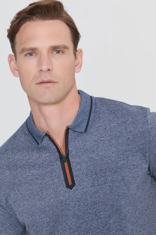 Erkek Lacı Melanj Slim Fit Dar Kesim Fermuarlı Polo Yaka Pamuklu Kısa Kollu Tişört-LACI MELANJ - 4