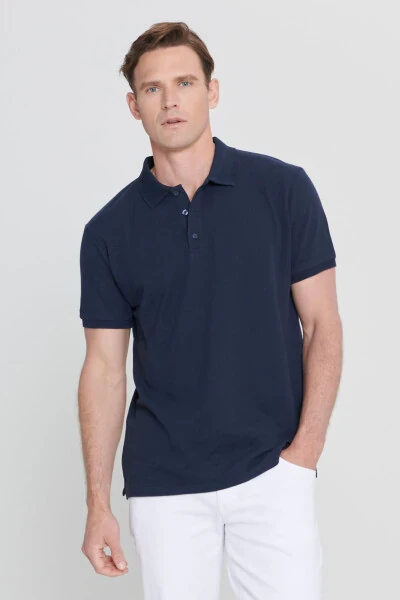 Erkek Lacivert %100 Pamuk Kıvrılmaz Pike Polo Yaka Slim Fit Dar Kesim Tişört-Lacivert - ALTINYILDIZ CLASSICS