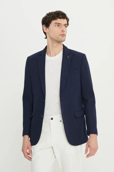 Erkek Lacivert 360 Her Yöne Esneyen Pamuklu Esnek Slim Fit Dar Kesim Mono Yaka Armürlü Blazer Ceket-Lacivert - ALTINYILDIZ CLASSICS