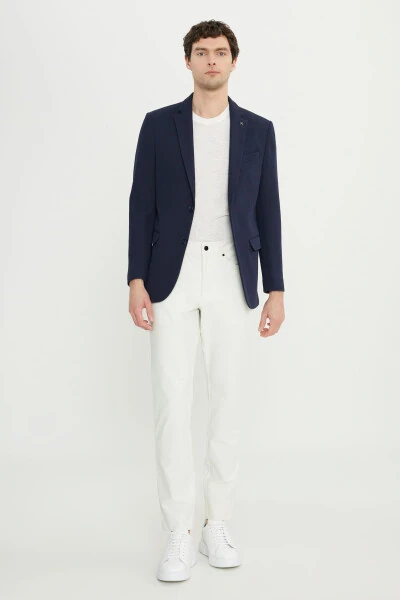 Erkek Lacivert 360 Her Yöne Esneyen Pamuklu Esnek Slim Fit Dar Kesim Mono Yaka Armürlü Blazer Ceket-Lacivert - ALTINYILDIZ CLASSICS (1)