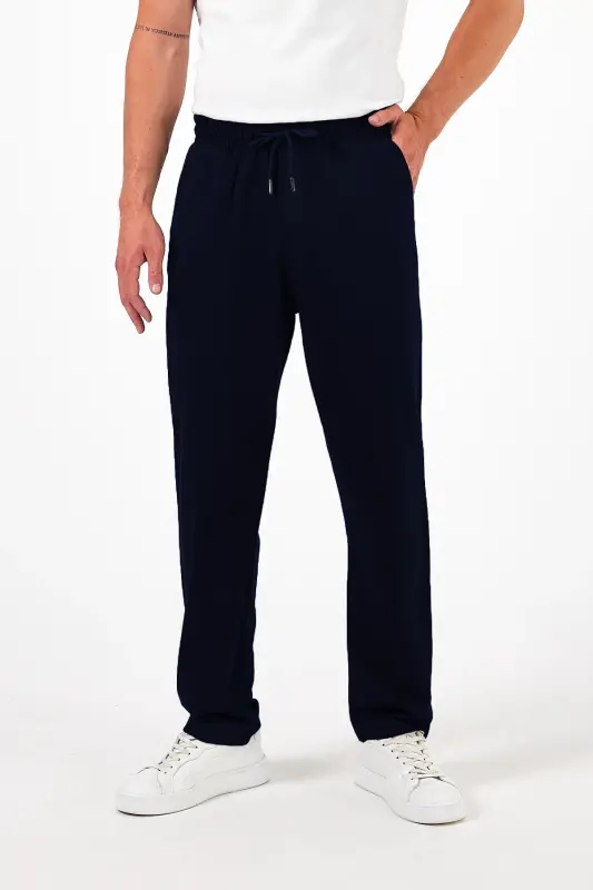 Erkek Lacivert Baggy Düz Paça Bol Kesim Yazlık Rahat Pamuklu Eşofman Altı RF0385 - Lacivert - 1