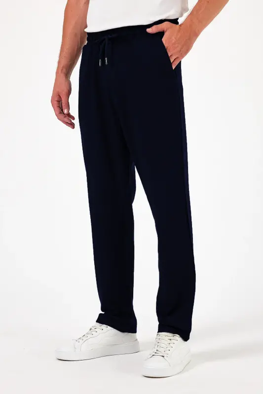 Erkek Lacivert Baggy Düz Paça Bol Kesim Yazlık Rahat Pamuklu Eşofman Altı RF0385 - Lacivert - 4