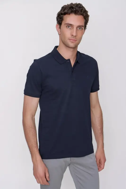 Erkek Lacivert Basic Düz %100 Pamuk Slim Fit Dar Kesim Kısa Kollu Polo Yaka Tişört - 1