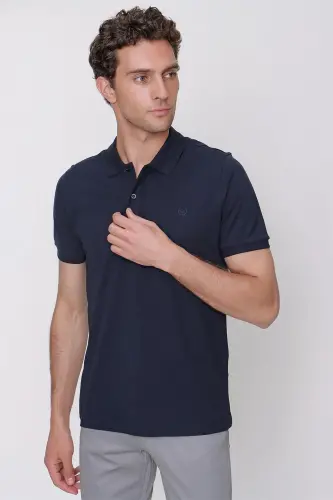 Erkek Lacivert Basic Düz %100 Pamuk Slim Fit Dar Kesim Kısa Kollu Polo Yaka Tişört - 3